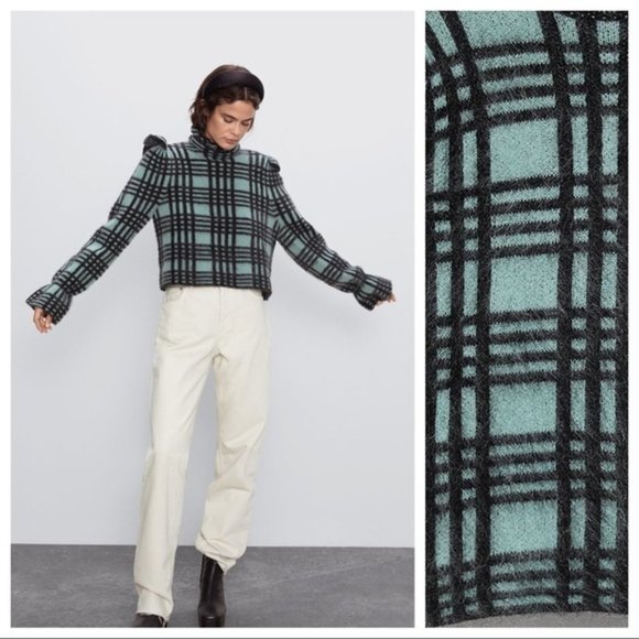 Zara Sweaters - ZARA wool mohair sweater NWT green black S ruffle shoulder soft